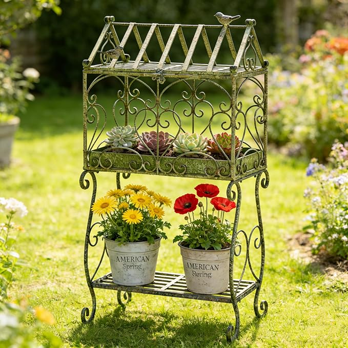 Vintage 2-Tier Metal Plant Stand with House-Shaped Planter Tray, Distressed Green Rustic Plant Shelf with Succulent Tray for Indoor Outdoor Garden, Patio & Balcony Decor