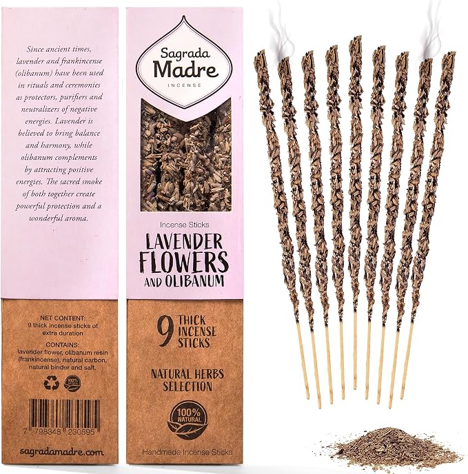 Sagrada Madre 9 pcs Wildly Harvested - Lavender Flowers and Olibanum Incense Sticks, 7" Long - Thick Aromatic Incense Sticks, 100% Natural