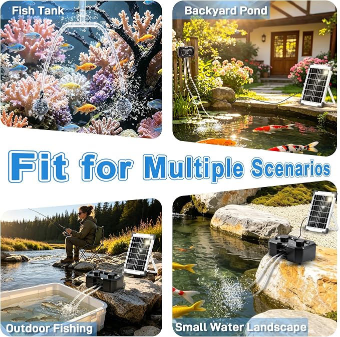 Yeomi 6W Solar Oxygen Pump, Solar Pond Aerator, Split Design Aquarium Oxygen Pump with Dual Air Ports, 5/10H Working Mode, Solar Aerator for Pond, Fish Tank, Aquarium, Hydroponics