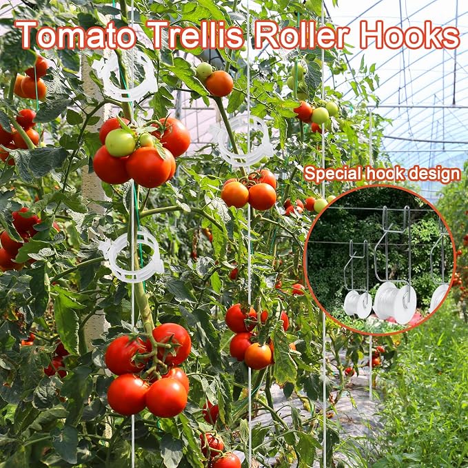 Tomato Support Hooks with String,20 Pack Tomato Trellis Roller Hooks with 49.2FT String for Plant,Greenhouse Tomato Flower Vine Twine Crop Trellis Kit Plant Roller Hook