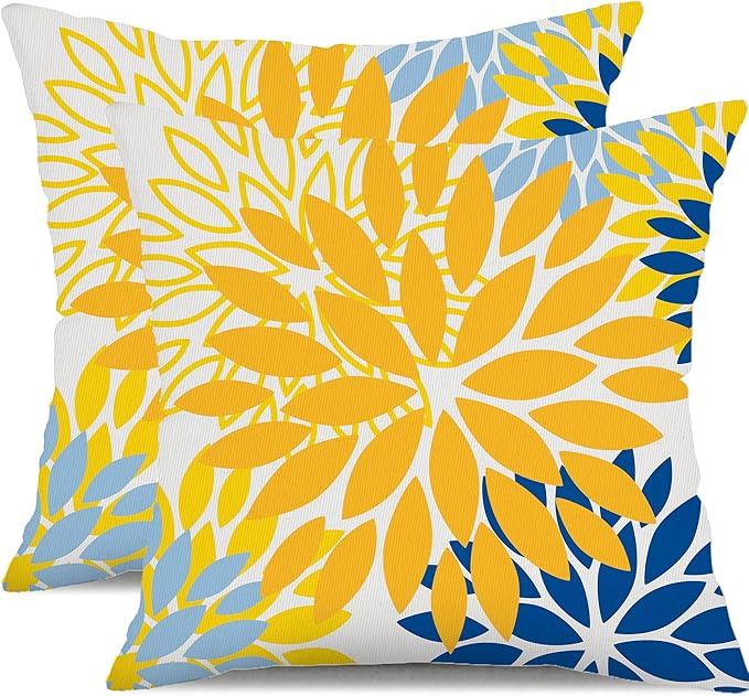 DFXSZ Yellow Blue Flower Pillow Covers 24x24 Inch Set of 2 White Gray Colored Throw Pillows Outdoor Waterproof Decor for Living Room Sofa Patio Funiture Garden Floral Polyester Pillow Covers 002J24