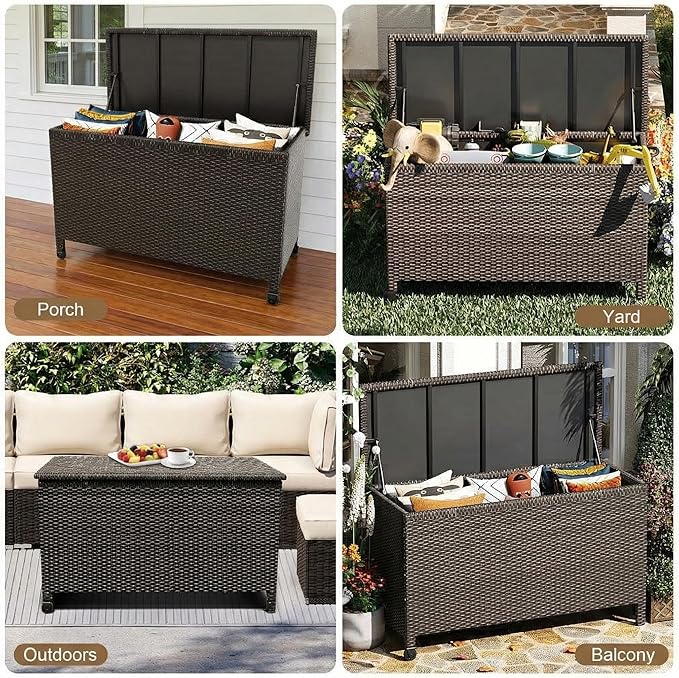 125 Gallon Wicker Deck Box, All-Weather Outdoor Storage Bin with Rattan Finish, for Patio Furniture, Cushions, Pool Supplies & Garden Tools (Brown)