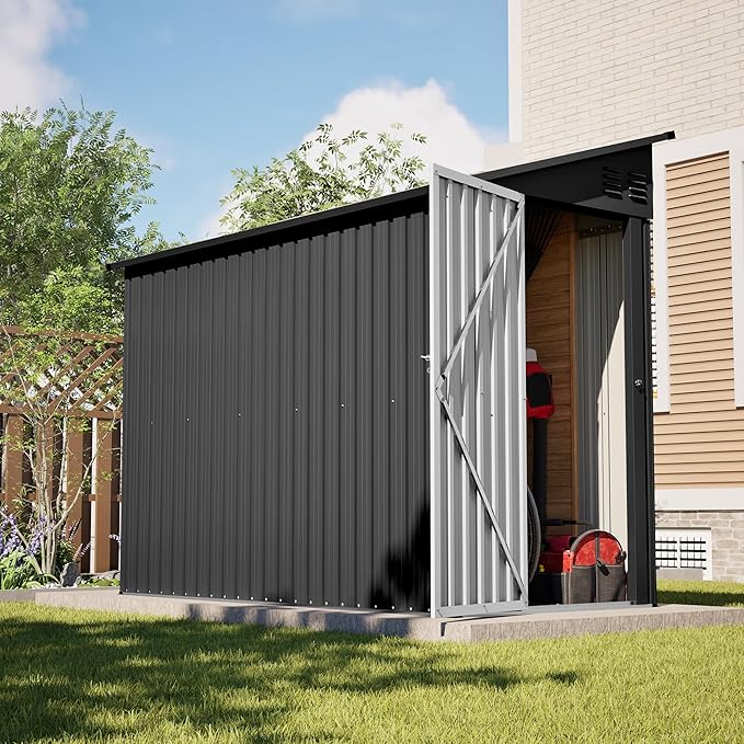 YOPTO 4×8 FT Lean to Metal Shed,Outdoor Heavy-Duty Storage Shed with Floor Base,All Weather Waterproof Garden Tool House W/Lockable Door&2 Air Vent,Reversible Door Design,for Backyard,Patio,Lawn,Black