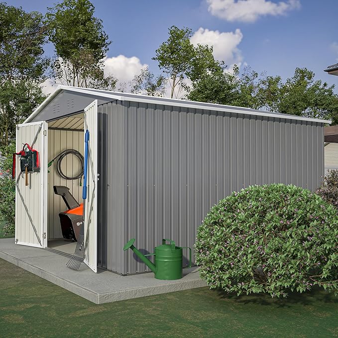 YOPTO 10×10 FT Outdoor Storage Shed,Metal Aluminum Waterproof Tool Sheds with Doors and Vents,Heavy-Duty Sheds Unit W/Lock and Key,for Storing Bicycles,Lawnmowers,Barbeques,Gray