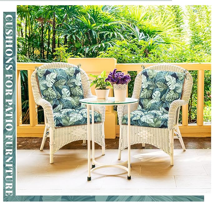 Marsui 4 Pcs Outdoor Indoor High Back Chair Cushions Patio Furniture Tufted Pillow with Ties Water-Resistant Replacement Outdoor Rocking Chair Cushions, 42 x 21 Inches (Green,Leaves)