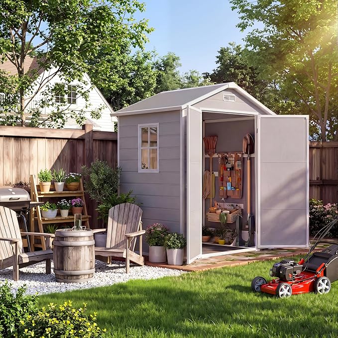 Resin Outdoor Storage Sheds 4x6 ft, Upgraded Double-Wall Outdoor Plastic Shed with Window & Double Doors, Waterproof Lockable Garden Shed (Light Gray, 6 X 4 ft)