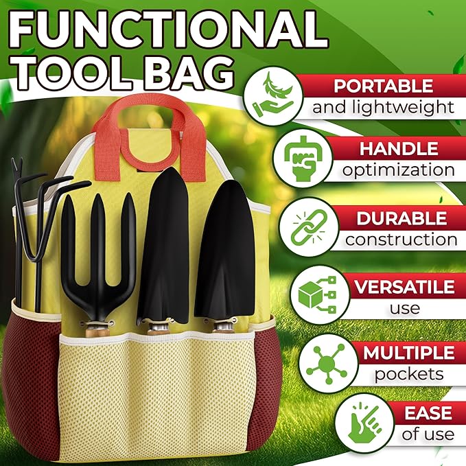 Compact Gardening Tool Set of 9 - Mini Garden Kit for Women with Multiple Pockets, Rust-Proof Steel Planting Tools for Gardeners - Portable Garden Tool Bag, Outdoor and Indoor Gardening Kit for Women