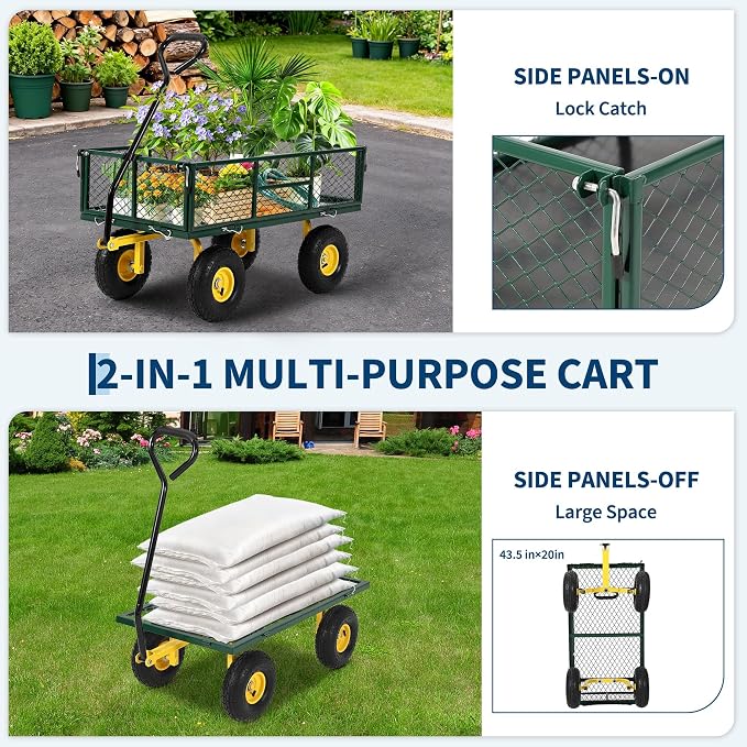 900 Lbs Heavy Duty Steel Garden Cart, Garden Wagon Cart on Wheels, Outdoor Metal Yard Utility Wagon Carts with and Mesh Removable Sides(Convert to Flatbed) and 180°Rotating Handle
