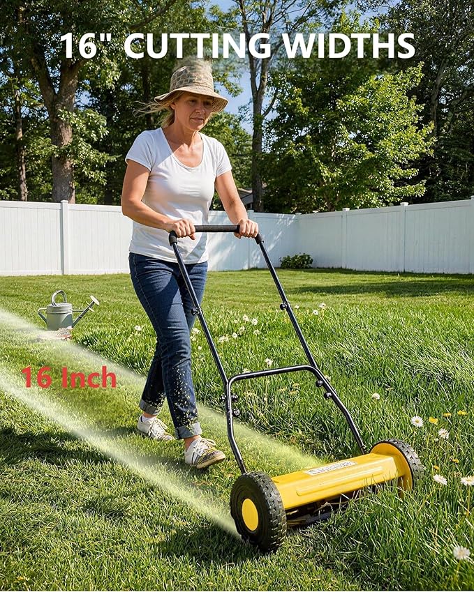 16-Inch Hand Push Reel Lawn Mower, 5-Blade Manual Push Lawnmower, 0.4-4" Adjustable Cutting Height, Lightweight for Small/Medium Yards, Easy Assembly, Compact & Quiet, Yellow