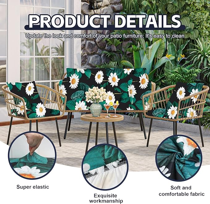 8Pcs Patio Cushion Covers,Outdoor Cushions Covers,Stretch Cushion Covers Replacement, Washable and Reusable Furniture Protectors(Daisy)