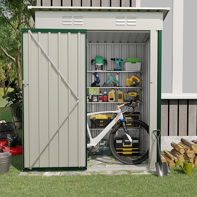 Garvee Metal Tool Shed with Single Door - Slanted Roof, Small Size, 5x3FT, Garden Storage, Outdoor Iron Tool Storage