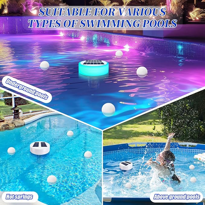 Qualirey Solar Pool Ionizer, Automatic Floating Copper Ionizer to Less Chlorine, Pool Water Purifier with LED Light & Scum Eliminating Balls, for Above Ground & Inground Pools up to 35, 000 Gallons