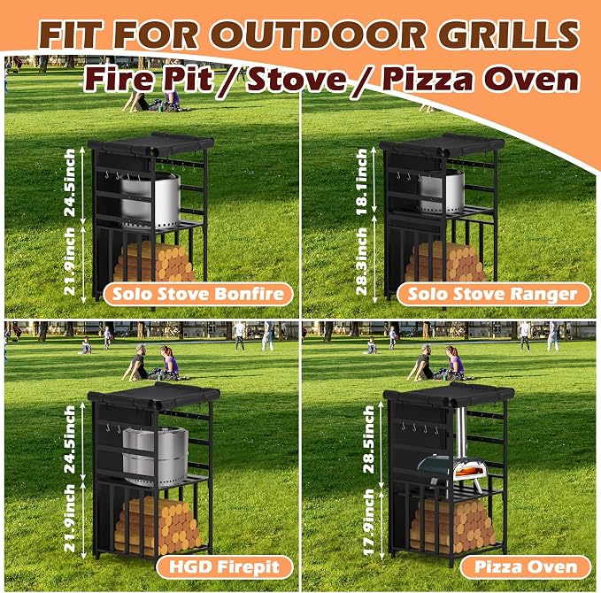 Firewood Storage Rack for Solo Stove Bonfire Ranger Yukon Fire Pit Accessories, Black Steel with Powder Coated Finish, Adjustable Shelves, Waterproof Cover, 29.9" x 25.6" x 52.9"