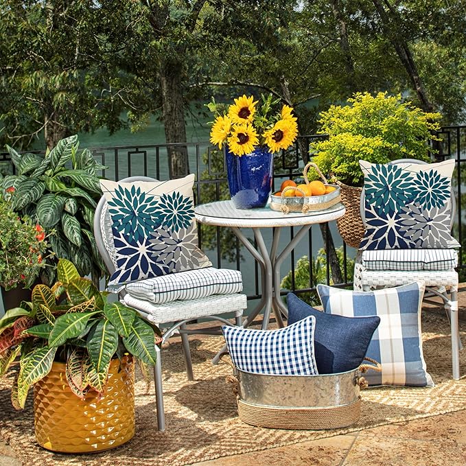 DFXSZ Outdoor Pillow Covers - 18x18 Inch Set of 2 Dark Blue Grey Flower Decorative Waterproof Summer Pillow Covers for Patio Furniture, Garden Couch