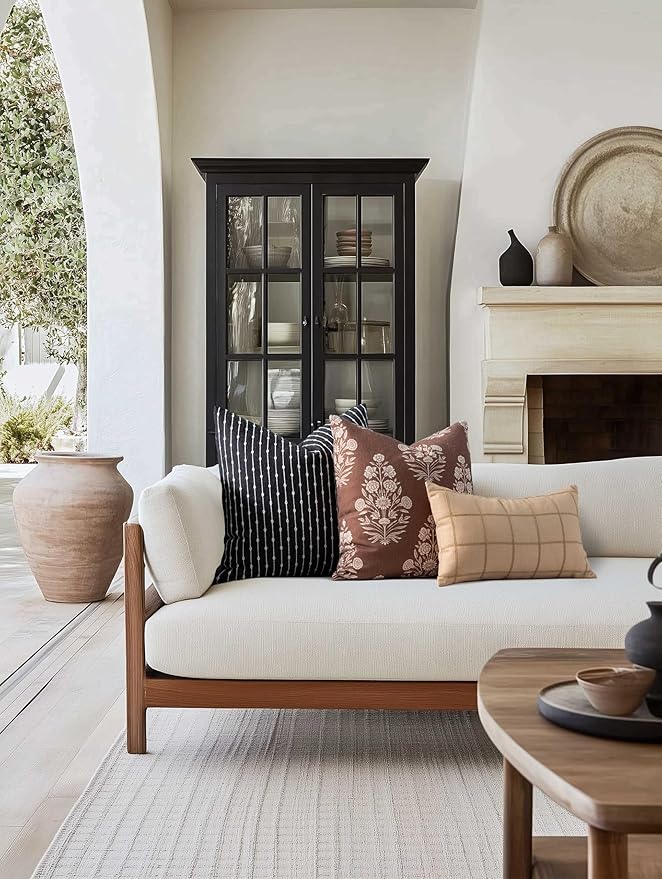 Crumbs Home Modern Farmhouse Fall Linen Indoor Outdoor Throw Pillow Cover Only, 22"x22" Water Repellent for Patio, Backyard, Couch, Black Neutral Embroidered Stripes