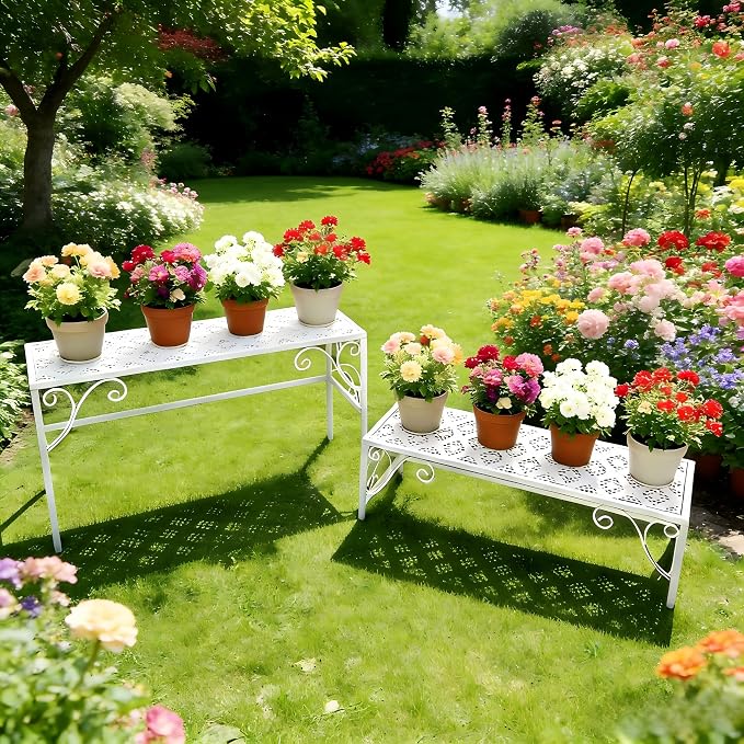 2 Tier Metal Plant Stand, Ladder Flower Pot Holder Plant Stands, Stackable Heavy Duty Tall Plant Shelf Flower Pot Holder for Patio Garden Corner Balcony Living Room (2 Tier H16.3 In-White)