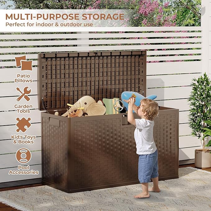 99Gallon Brown Resin Deck Box, Outdoor Storage Box Waterproof Lockable, Patio Deck Box For Package Parcels, Outside Storage Box Container for Furniture Cushions, Garden Tools, Pool Accessories