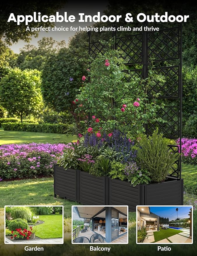 CABIHOME Planter Box with Trellis - Plastic Raised Garden Beds & Metal Trellis w/Drain Plug - Outdoor Raised Planter Box Privacy Screen for Climbing Plants, Flowers, Veggies & Fruits