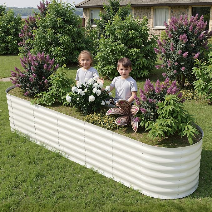 IDEALHOUSE 8x2x2 Ft Galvanized Metal Raised Garden Bed, 24-Inch Tall Outdoor Planter Box for Vegetables, Flowers & Herbs, Rust-Resistant Garden Beds for Backyard, Patio or Balcony, Beige
