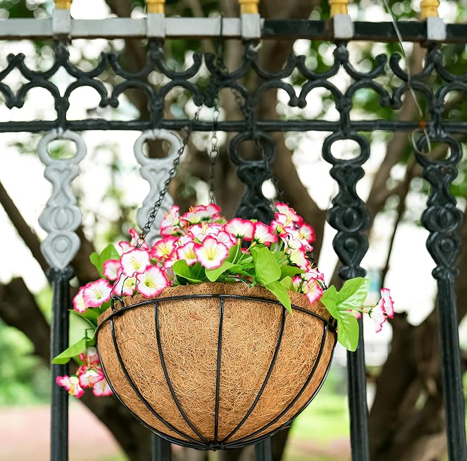 Kingbuy 12 Inch Metal Hanging Planter Basket with Coconut Liner Wire Plant Holder Watering Flower Baskets Pot Hanger Garden Decoration for Indoor Outdoor, 4 Pack