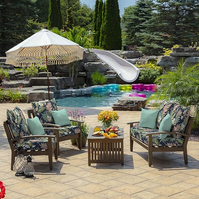 Arden Outdoor Deep Seat Cushion Set, 24 in x 24 in, Weather-Proof, Rain-Proof, Fade Resistant Patio Cushion for Chair, Sofa, and Couch Simone Blue Tropical