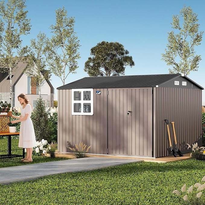 Garvee 6x8 Ft Heavy-Duty Metal Storage Shed with Lockable Door & Windows - Galvanized Steel Outdoor Utility Shed with Sloped Roof for Backyard, Garden, Garage, and Patio, Brown
