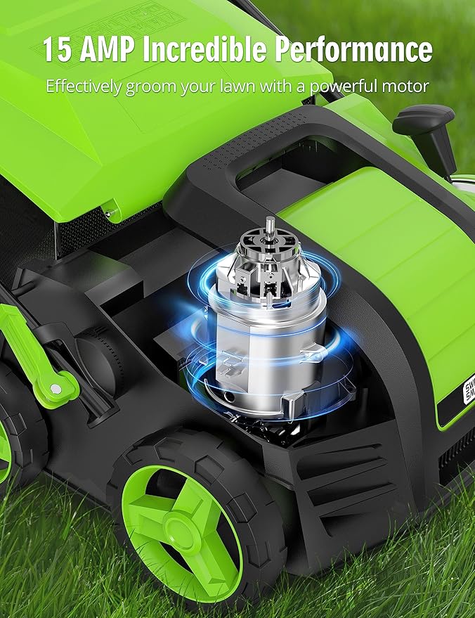 Electric Dethatcher Scarifier, 16-Inch 15 Amp Lawn Dethatcher with 5-Position Depth Adjustment, 14.5 Gal Removable Thatch Collection Bag, Quick-Fold, Keeps Lawn Health