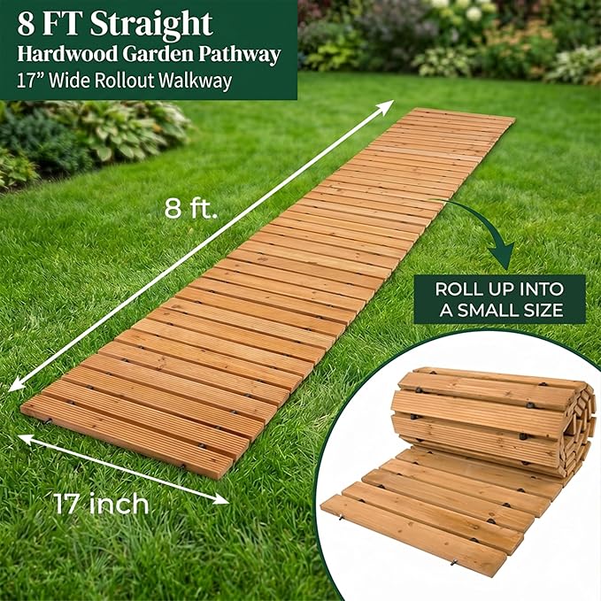 Plow & Hearth 8' Straight Outdoor Wooden Pathway | 17" Wide Rollout Outdoor Garden Walkway | Weather-Resistant Hardwood Cedar Board Walkway Landscape Edging | Decorative Lawn Patio Wedding Party