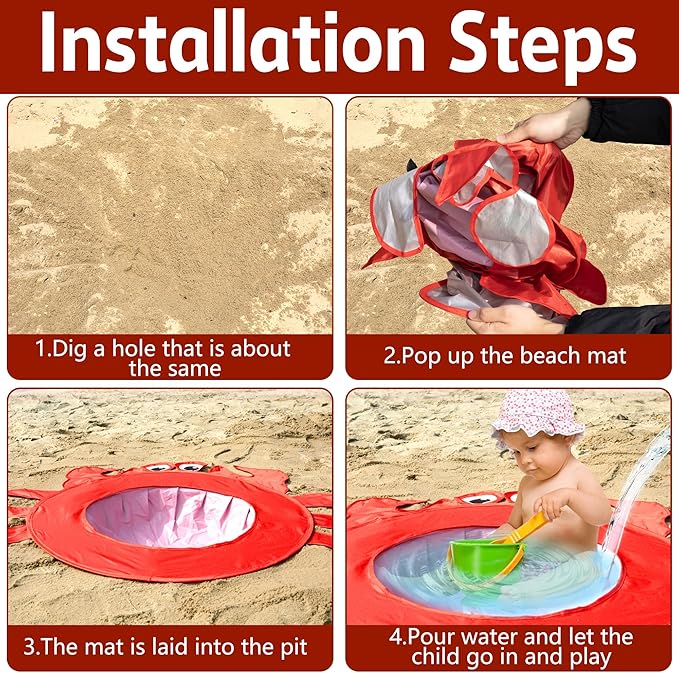 RunNico Pop Up Beach Pool, Portable Toddler Beach Pit with Water Bag and Storage Bag, Cute Shape Beach Pool Puddle for Outdoor Summer Beach Camping Traveling Vacation (Crab)