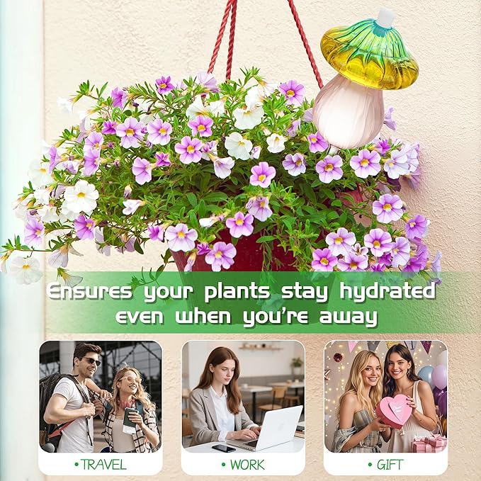 11 oz Large Plant Watering Globes, Glass Self Watering Globes, Gradient Color Mushroom Self Watering Planter Insert, Vacation Plant Watering Devices, Automatic Watering Bulbs (Large-4 Pack)
