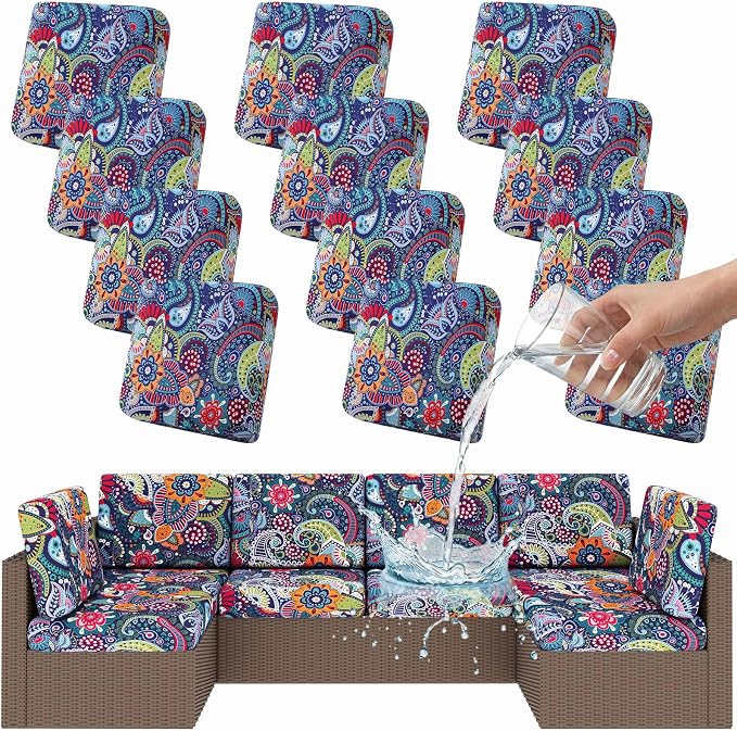 Smiry Waterproof Patio Cushion Covers, Stretch Outdoor Couch Slipcovers Replacement Washable Furniture Protector Sofa Chair Seat Cover for Dogs and Pets (12 Pcs, Blue Green)
