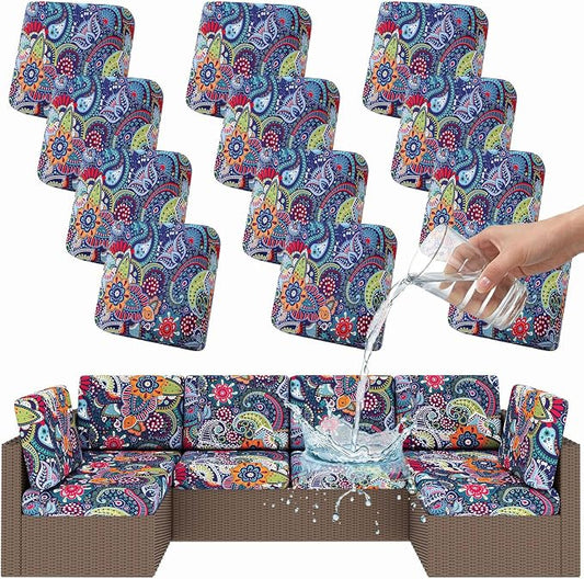 Smiry Waterproof Patio Cushion Covers, Stretch Outdoor Couch Slipcovers Replacement Washable Furniture Protector Sofa Chair Seat Cover for Dogs and Pets (12 Pcs, Blue Green)