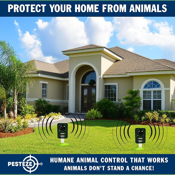 PESTEZE USA Solar Ultrasonic Animal Repellent – Detects & Deters Unwanted Skunk, Deer, Coyote, Fox, Wolf, Rabbit, Raccoon & Birds Using Motion Activation; Outdoor Pest Protection for Yards & Livestock