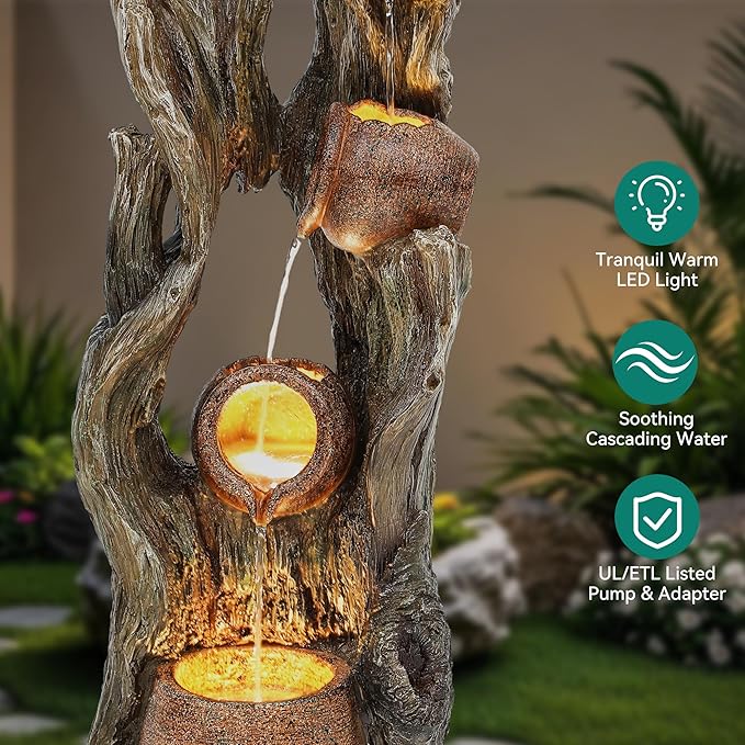 AUTODAYA Tall Outdoor Water Fountain with LED Lights, 42.7" 3-Tier Rainforest Waterfall Tree Trunk and Jar Garden Fountain, Ideal for Serene Relaxing Patio, Yard or Porch