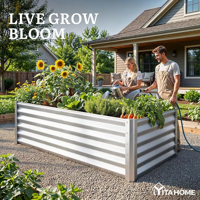 YITAHOME 6x3x3ft Large Raised Garden Bed Kit, Galvanized Metal Planter Box with Gloves, Support Rod, Outdoor Above Ground Planters for Plants Vegetables Flowers, Silver Gray