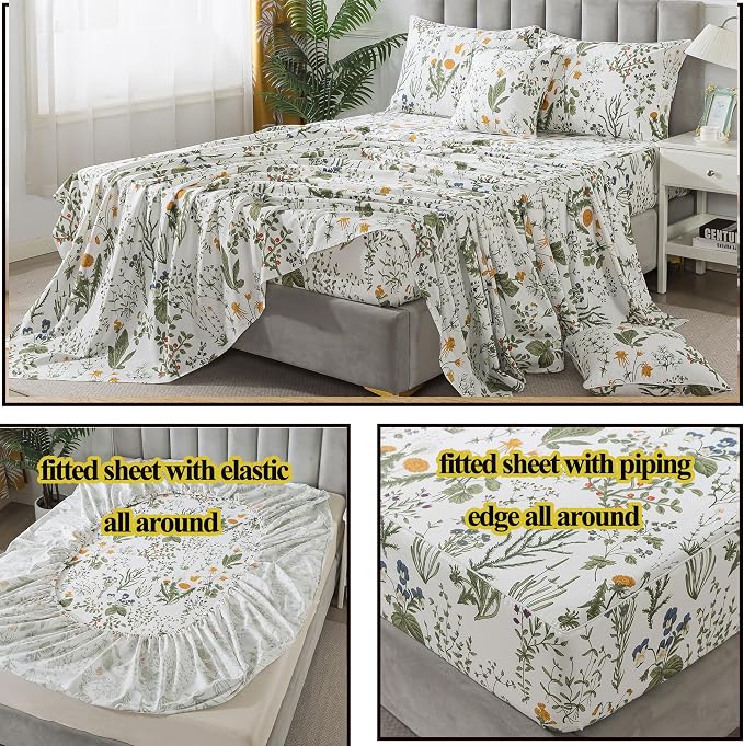 FADFAY 100% Egyptian Cotton Sheets Cal King Botanical Printed Floral Sheets Yellow Flowers & Leaves Pattern Farmhouse Bedding Soft and Breathable French Country Bedding 4Pcs Deep Pocket Sheet Set