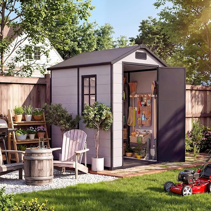 4x6 ft Outdoor Storage Shed with Floor, Plastic Resin Garden Shed with Window & Lockable Door, Tool Shed for Patio, Backyard, Lawn Mower, Bike Storage