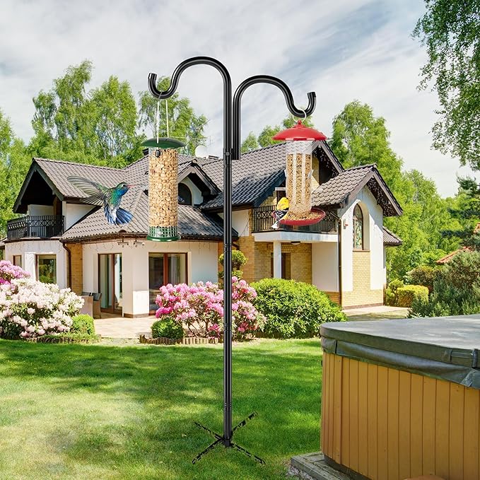Double Shepherds Hooks for Outdoor, 60" Heavy Duty Bird Feeder Pole with 5 Prong Base, Adjustable Shepherds Hook for Bird feeders Outside, Garden, Weddings, Hanging Plants, 1 Pack, Black