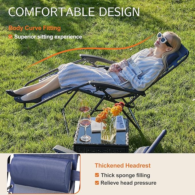 Sweetcrispy Zero Gravity Chairs Set of 2, Outdoor Folding Reclining Lounge Chair with Cup Holder Tray & Adjustable Pillow, Portable Camping Beach Patio Poolside Lawn Yard Chair, Classic Blue