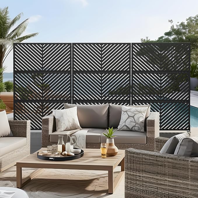 Casaphoria 72" H x 47" W Metal Outdoor Privacy Screen, Freestanding Decorative Divider for Patio, Deck, Balcony, and Garden with Stable Base, Black Parallel
