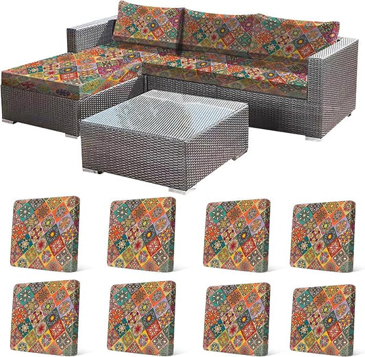CALBODE 8Pcs Stretch Patio Cushion Cover, Bohemian Colored Geometric Pattern Couch Covers for Patio Furniture Cushions Washable Reusable Couch Covers Replacement for Fall Winter(Cover Only)