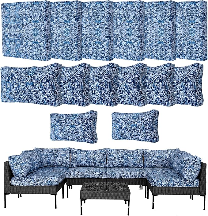 14Pcs Outdoor Cushion Covers Replacement Washable Waterproof UV w/Zipper for 6-Seaters Sofa Patio Slipcovers Set Seat and Back Covers Only (Blue Charming, 25x25x3.15inch)