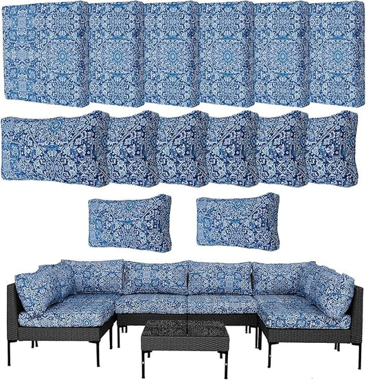 14Pcs Outdoor Cushion Covers Replacement Washable Waterproof UV w/Zipper for 6-Seaters Sofa Patio Slipcovers Set Seat and Back Covers Only (Blue Charming, 25.6x25.6inch)