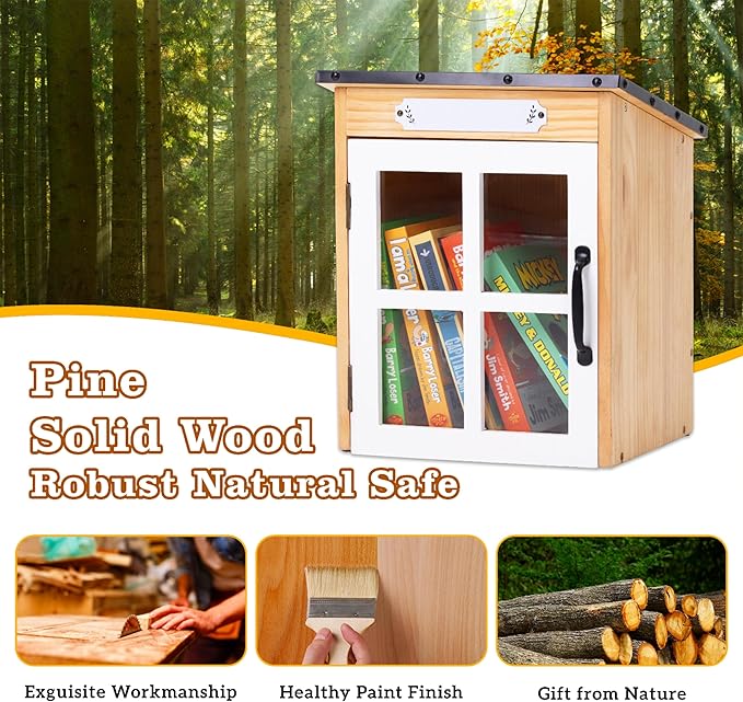 Outdoor Book Sharing Box: Natural Wood Library with Reinforced Waterproof Roof, DIY Book Sharing Storage Box for Outside Neighborhoods Community Schools (Wood Sloped Roof)