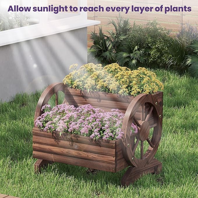 Wooden Wagon Planter Flower Cart Farm Stand Garden Decor Planter for Outdoor Patio Balcony Decoration,Rustic Farmhouse Wishing Well Decor Succulent Planter Indoor Backyard (Carbonized)