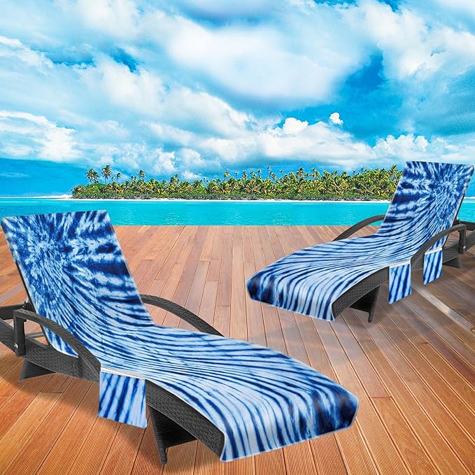 Lounge Chair Towel Cover (Pack of 2), Tie Dye Style Chaise Lounge Cover, Beach Chair Covers with Pockets for Pool Beach Garden Courtyard Outdoor Trips, 85 x30 in, Royal Blue