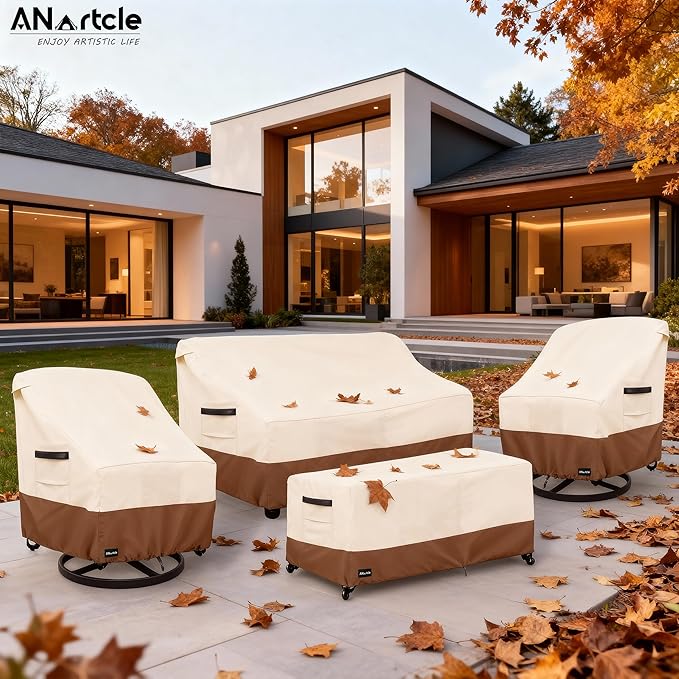 ANartcle Patio Furniture Covers 4 Piece Set, 600D Waterproof Heavy Duty Outdoor Furniture Covers,Fit Wicker Patio Loveseat, Swivel Rocker Chair and Coffee Table,Beige&Brown