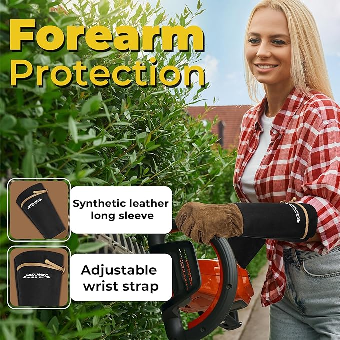 HANDLANDY Long Gardening Gloves for Men & Women, Pigskin Leather Rose Pruning Gloves, Breathable Thorn Proof Gauntlet Glove (Coffee Brown, M)