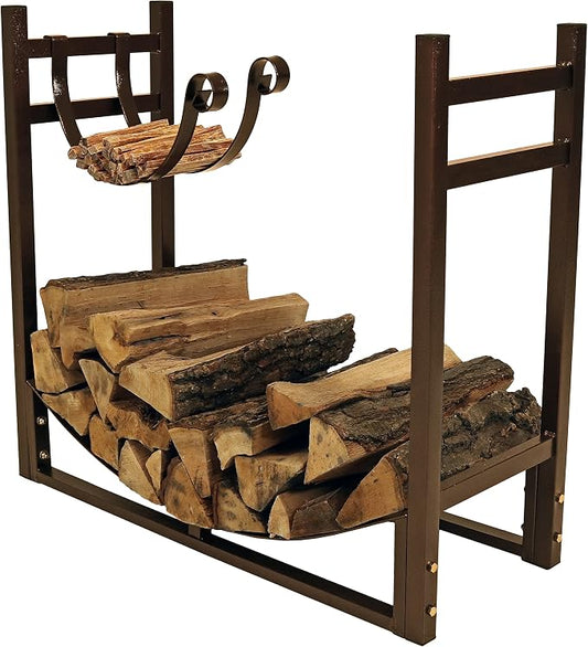 Sunnydaze 33 Inch Indoor Firewood Rack with Kindling Log Holder - Heavy-Duty 1/4 Cord Outdoor Wood Storage for the Fire Pit or Fireplace - Bronze
