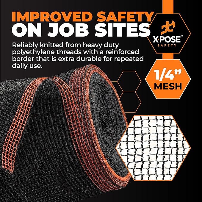 Xpose Safety Construction Safety Netting – 8.5' x 150', 1/4" Mesh Scaffold Safety Net, Temporary Material Roll, Visibility Fence, Heavy-Duty Fire Retardant, Black